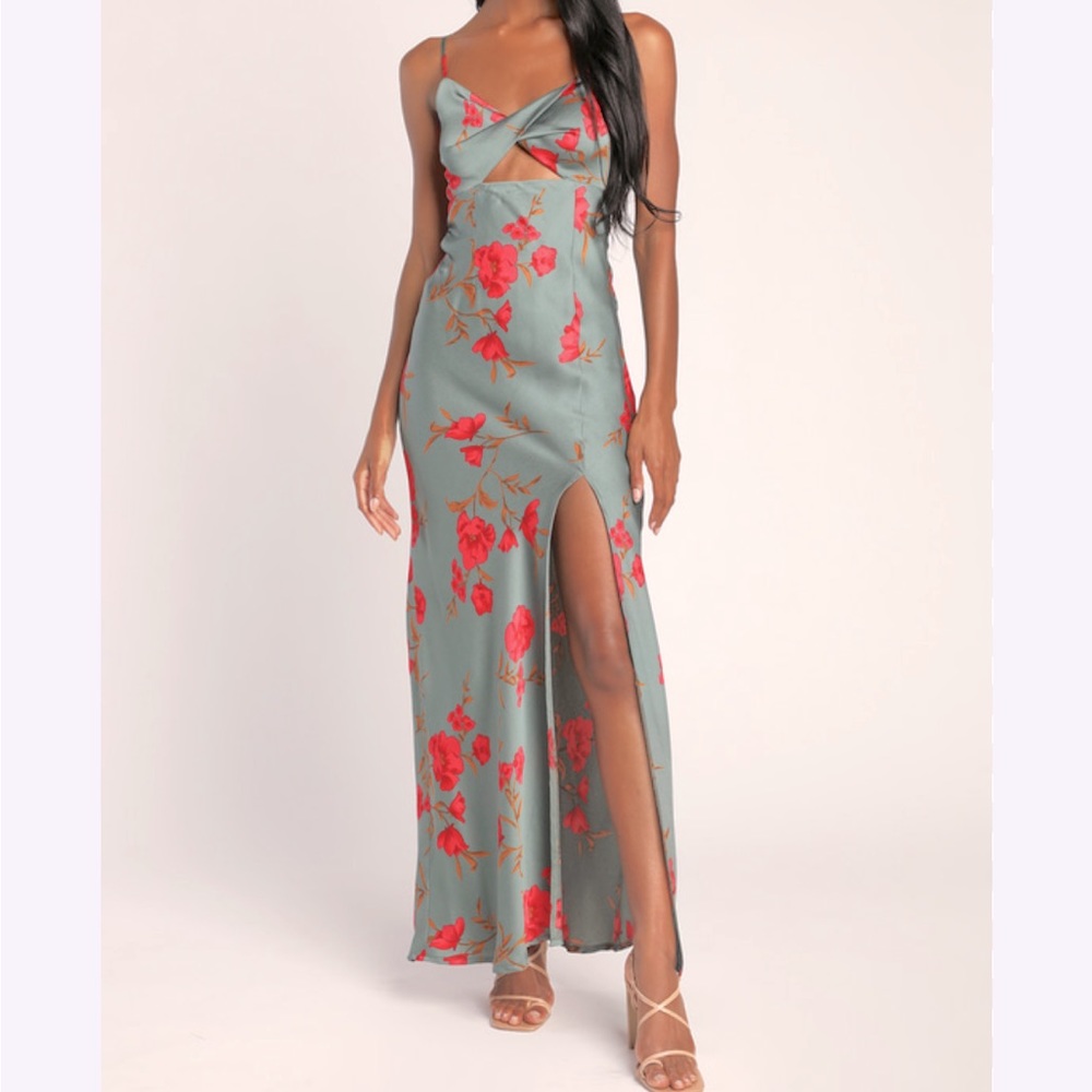 Fit for the Fete Sage Green Floral Satin Maxi Dress